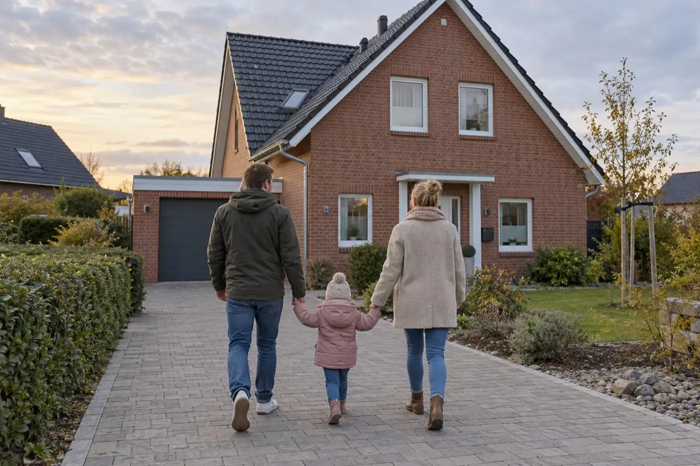 Familie geht auf ihr Klinkerhaus zu (KI-generiertes Symbolbild)